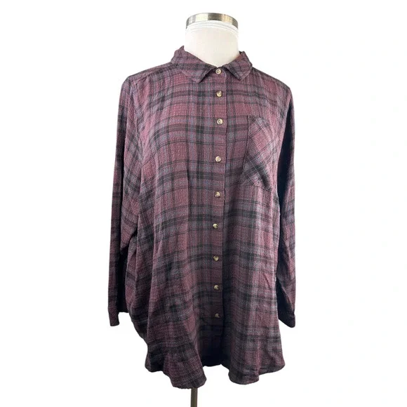 Torrid Lizzie Crinkle Flannel Gauze Button Up Tunic Red Plaid Plus Size 3 3X - Picture 2 of 10